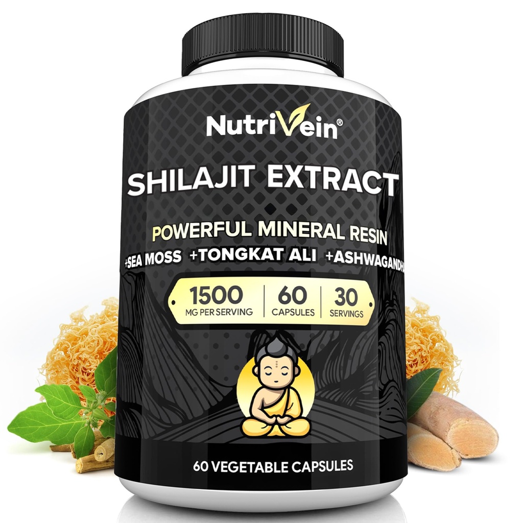Nutrivein Premium Pure Himalayan Shilajit für Männer und Frauen - 1500 mg - 60 Kapseln- Leistungsstarke Resin Extrakt gemischt mit Irish Sea Moss, Tongkat Ali, & Ashwagandha - Vitalität, Klarheit und Leistung