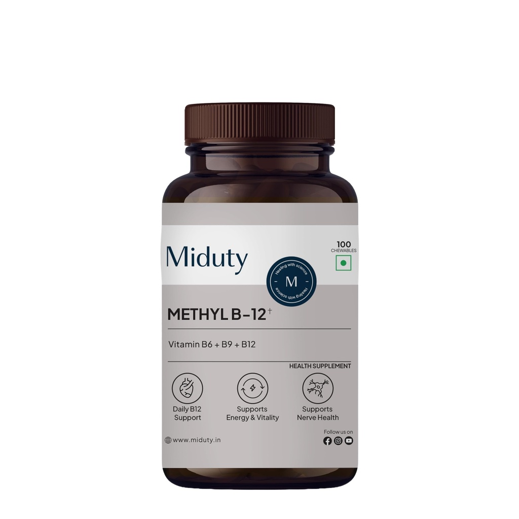 Miduty Vitamin B12 Supplement - Bioactive B-Complex with B6, B9, B12 – Daily Energy Support - Triple Formula for Mood, Brain & Nerve Support – Fast Absorbing Chewable – 100 Veg Tablets
