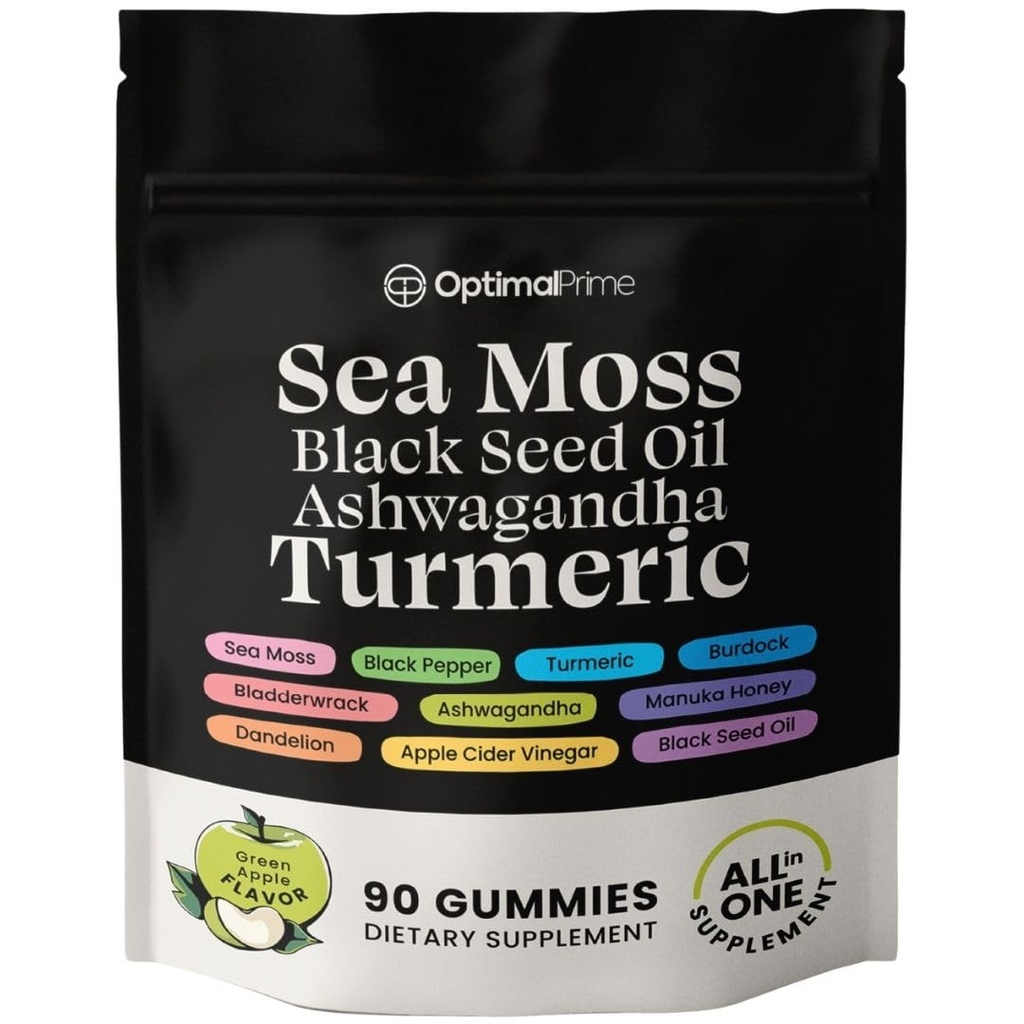 Optimale Prime Sea Moss und Black Seed Oil Gummis, Ashwagandha, Turmeric, Manuka Honey, ACV, Dandelion, Black Pepper, Burdock, Bladderwrack, Vegan, 90 Gummis 45 Day Supply