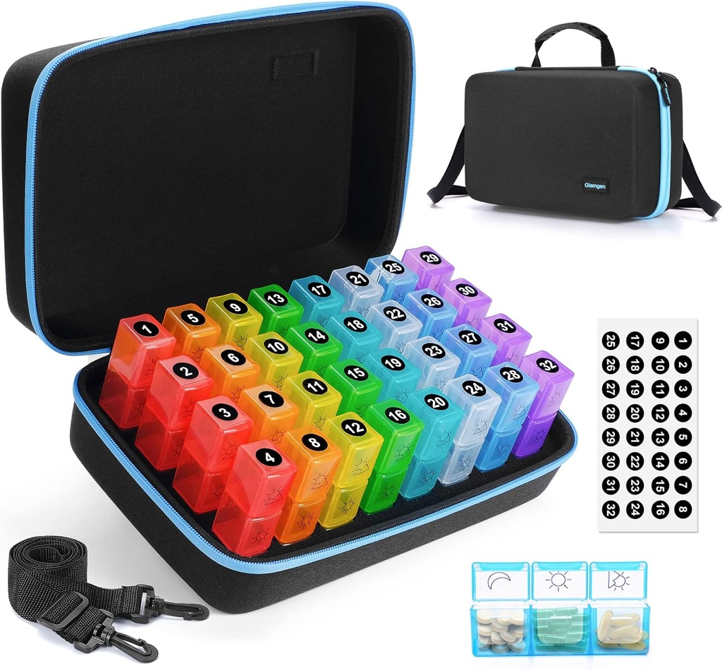 Monatliche Pille Organizer 3X pro Tag,Monatliche Pille Organizer 3 Mal pro Tag,Medizin Pillen Boxen mit 30 täglichen Komponenten 32-Tag Pillenhalter mit hartem Reise Fall für Vitamin, Ergänzung und Medikamente