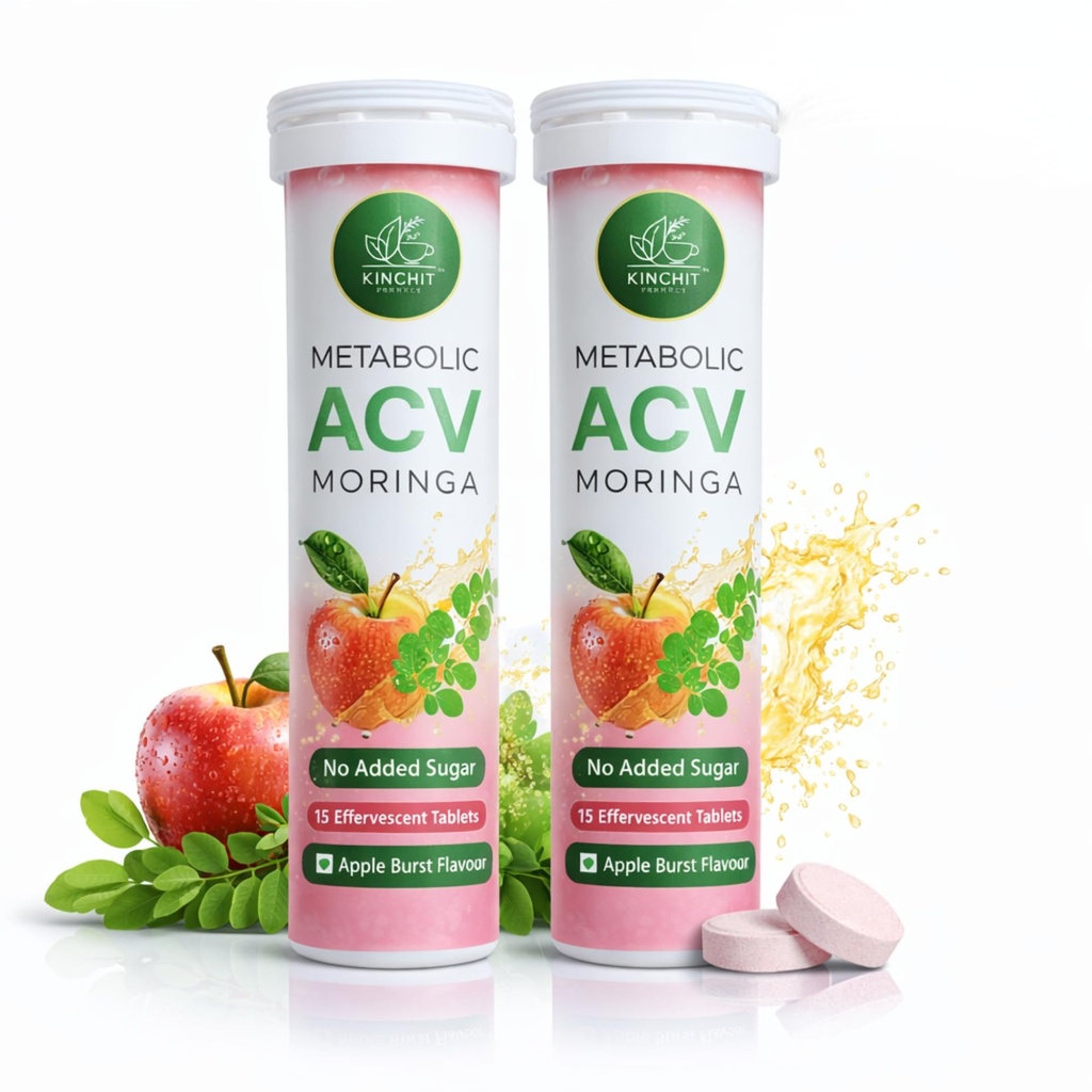 Apple Cider Vinegar (ACV) Effervescent Tablets with Moringa, Vitamin B6 & B12 | No Added Sugar, Stevia Sweetened | Apple Flavour | 30 Tablets (Pack of 2)