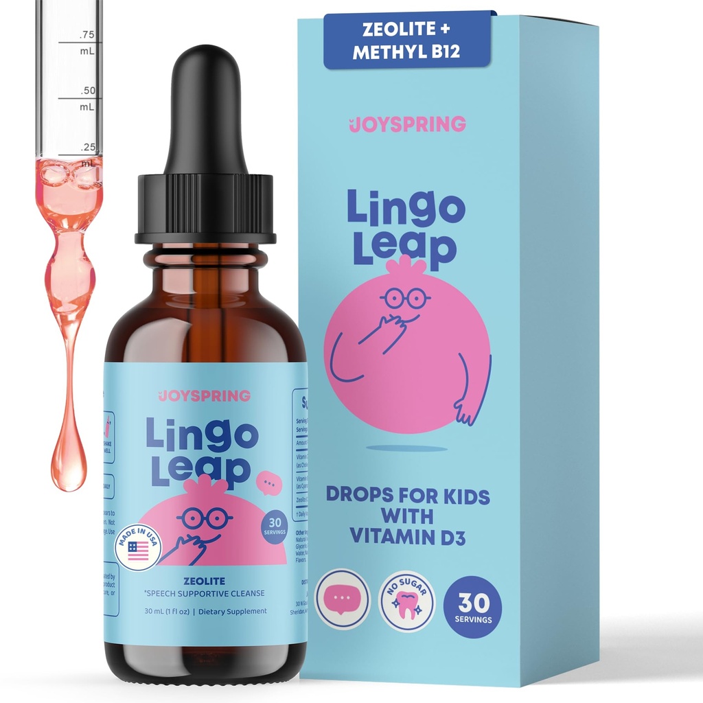 JoySpring LingoLeap – Flüssige Kids Formel mit Zeolite Clinoptilolite, methyliert B12 & Vitamin D3 | Gentle Tägliche Unterstützung für Kinder Wellness | Alter 3+ | (1fl oz) 30 Servietten