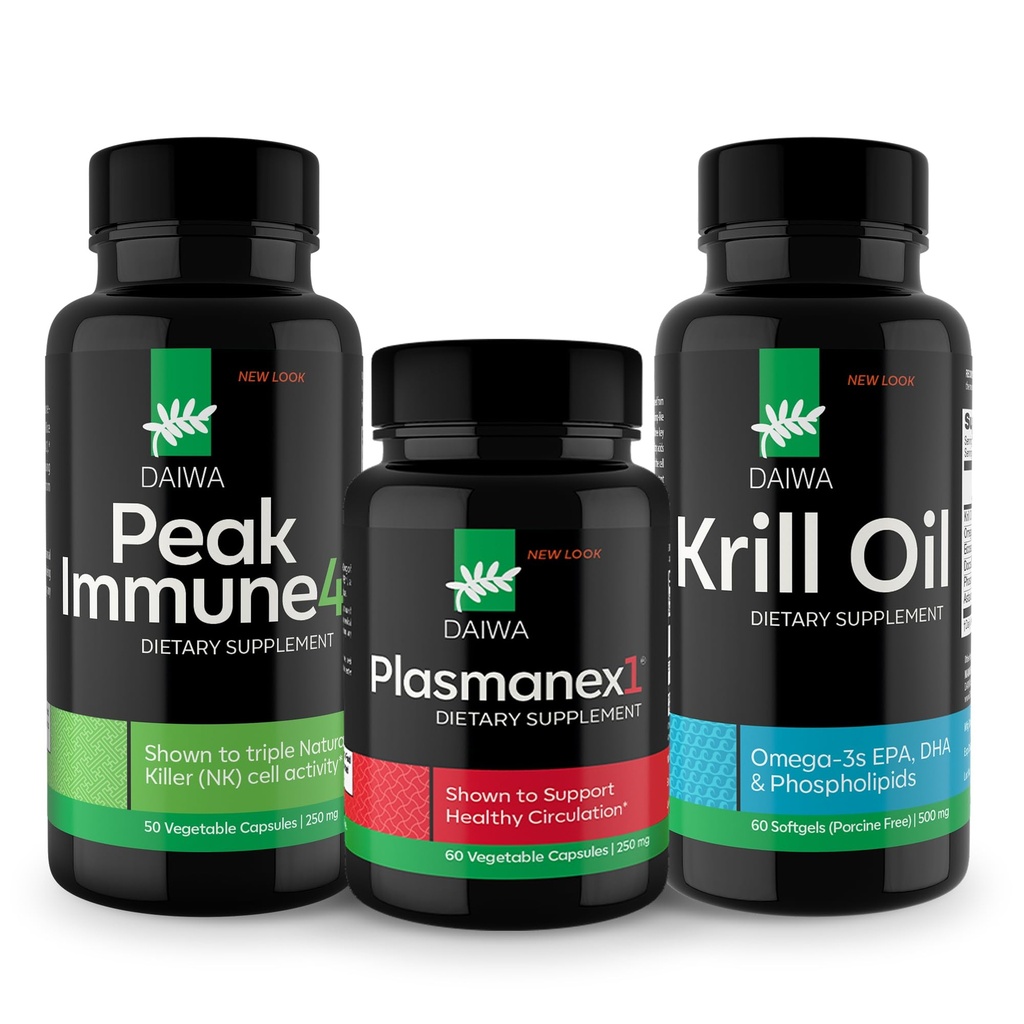 Daiwa Peak Immune 4 - Booster système d'Immune naturelle + Plasmanex 1 – Supplément de circulation sanguine + Huile de krill – Capsules d'huile de krill Omega 3