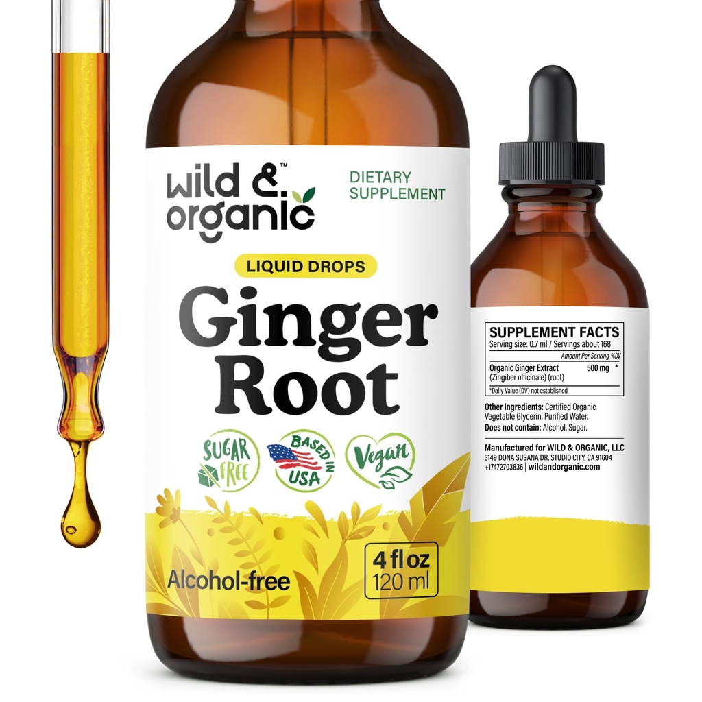 Wild & Organic Ginger Root Extract Drops - Immun- & Verdauungshilfe - Flüssige Ingwer Ergänzungen - Vegan, Zucker & Alkoholfreie Tinktur - 4 fl Unze