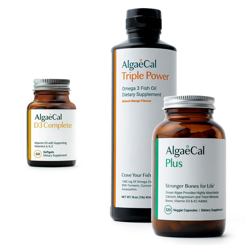 ALGAECAL Bundle - Vitamin D3 Complete (1000 IU) + Vitamine K2, E & A & Pflanzenbasiertes Calcium für stärkere Knochen & Fischöl Omega 3 1200mg EPA DHA