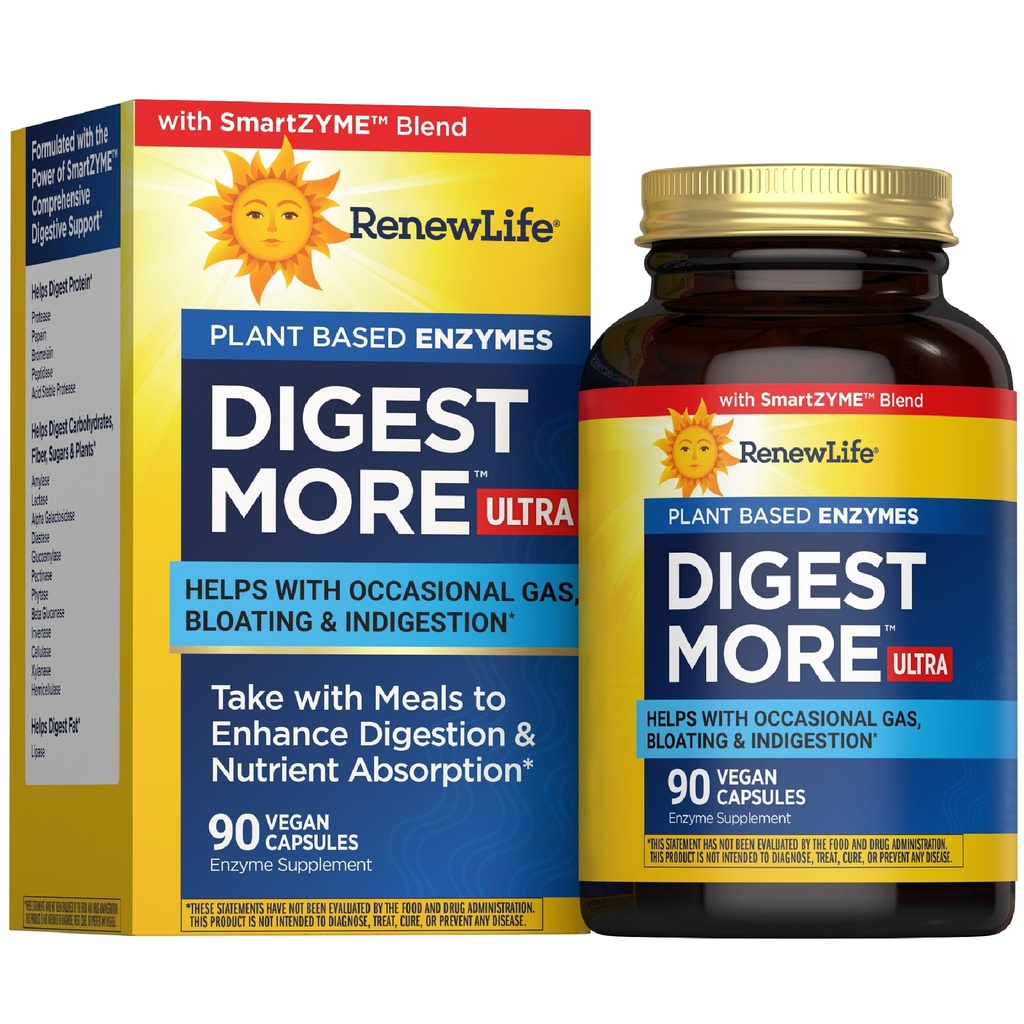 Renew Life Adult DigestMore Ultra Enzymes - Ultra-Strength Plant-Based Digestive Enzyme Formel für Männer & Frauen - 90 Vegetarische Kapseln