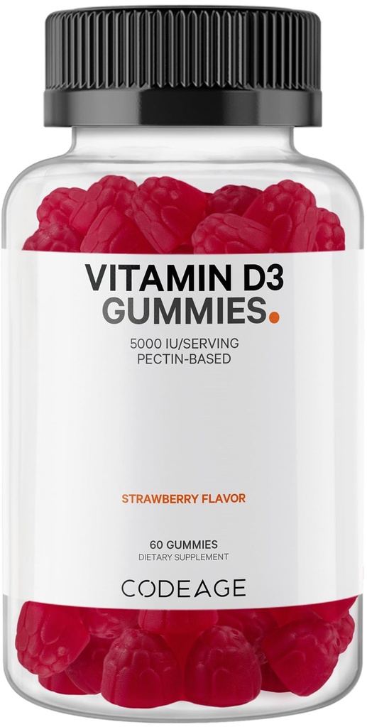 Codeage Vitamin D3 Gummy Vitamine, Vitamin D3 5000 IU Gummie Cholecalciferol 125 mcg - 2-Monats-Versorgung - Weiche Pektin-basiert, Tier-Gelatin-freie Vitamine Gummy, Erdbeere, Glutenfrei - 60 Gummie