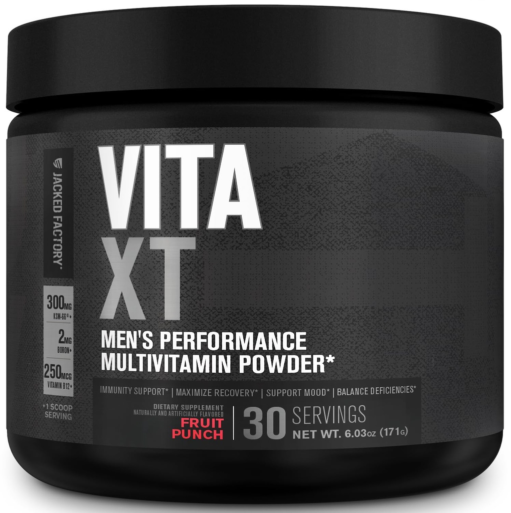Vita XT en poudre vitaminique performante Jacked Factory - poudre multivitamine quotidienne pour les hommes avec KSM-66 Ashwagandha, fibre prébiotique, vitamine A, C, D, K, B6, B12, et plus - punch de fruits, 30Sv