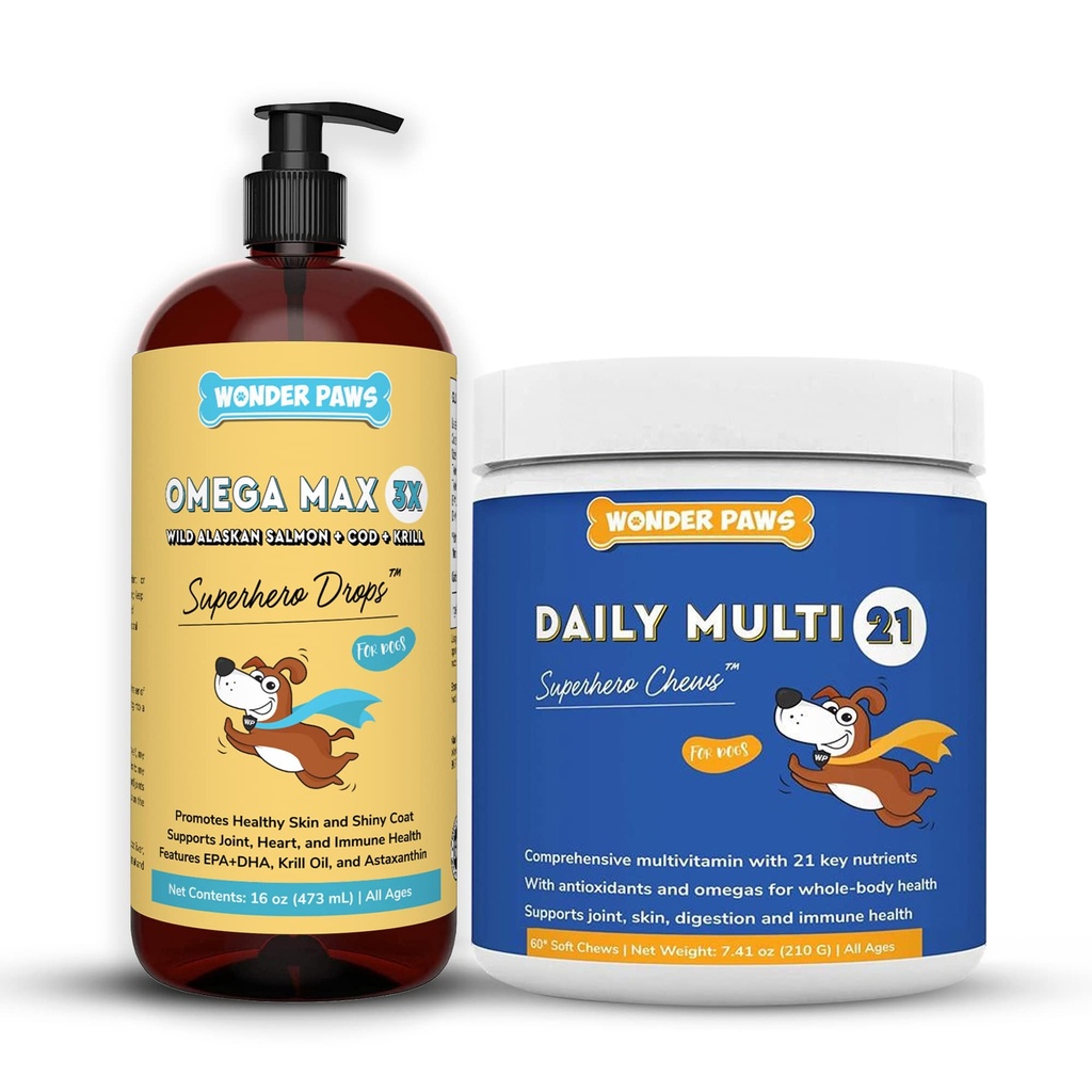 WONDER PAWS Omega Max Fish Oil Plus Daily Multivitamin Chews - für Dog Joint Health, Hautfeuchte, Immunsystemunterstützung & Daily Wellness - Omega Max 16 Unzen - Multivitamin 60 Chews