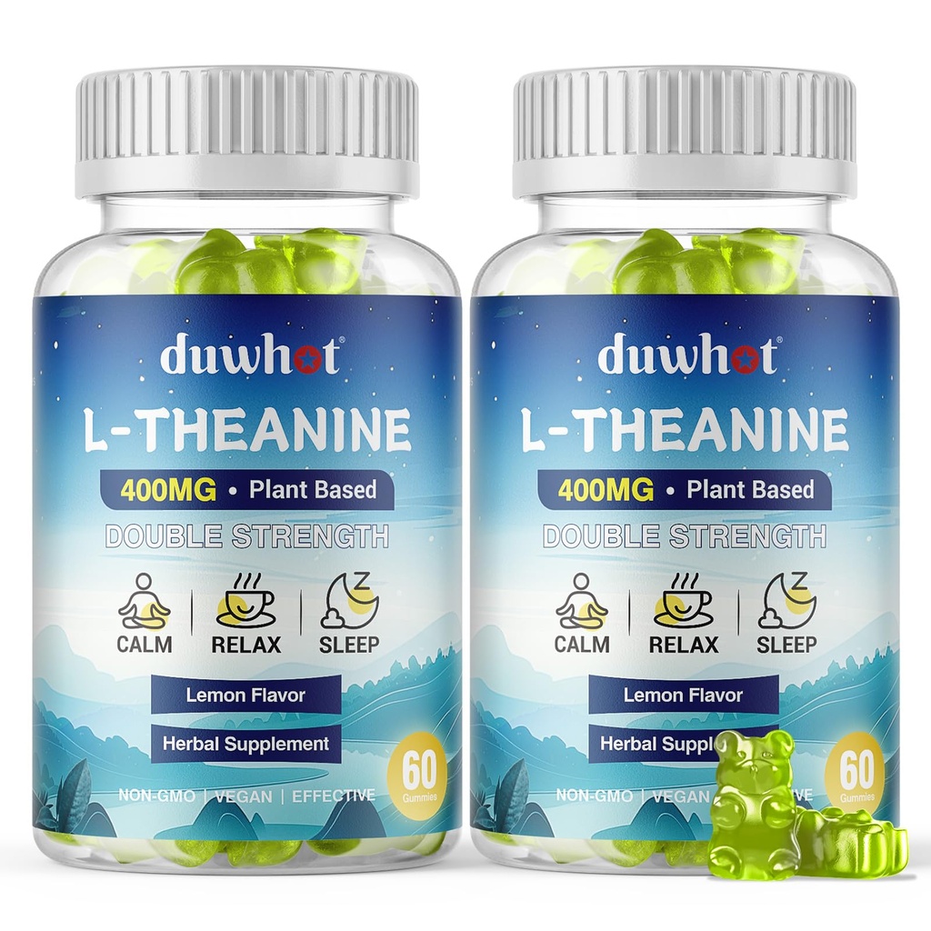 L-Theanine Gummies 400mg, Supplément Théanine à croquer pour les adultes et les enfants 4+, Natural Stress Relief, supplément zzZ & Focus, Vegan, Sucre faible, Non-Drowsy, Lemon Flavor, 120 Chewables