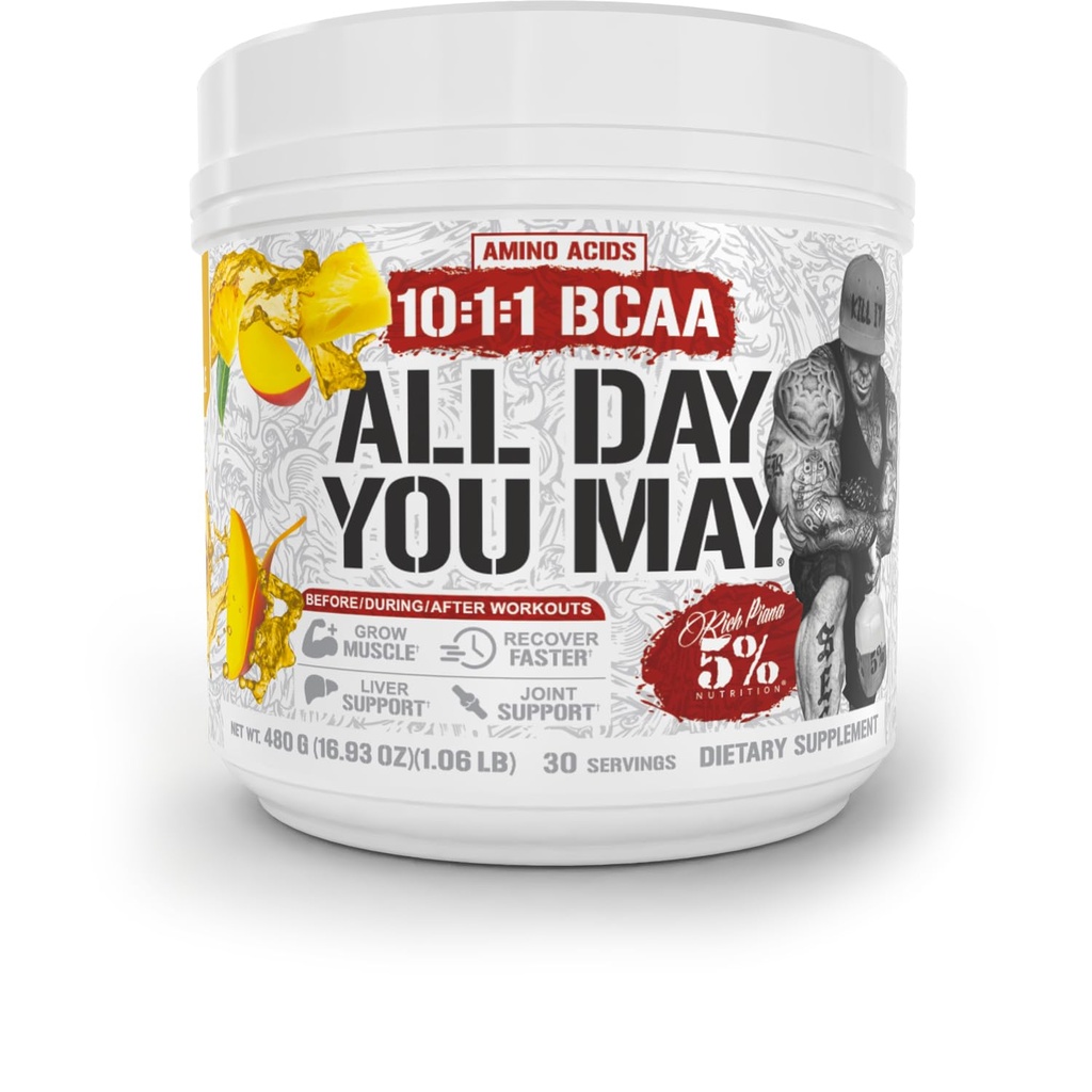 5% Ernährung Rich Piana AllDayYouMay BCAA Powder | Premium Intra & Post Workout Aminosäuren, Hydration, Endurance, Muskel-Recovery, Joint & Liver Support oz 16.93 oz, 30 Portionen (Mango Ananas)