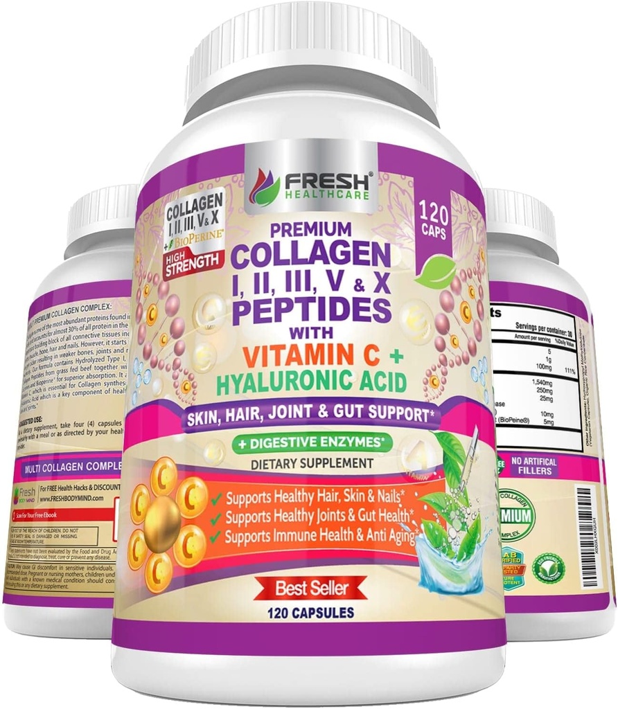 FRESH HEALTHCARE Pilules multicollagènes avec des peptides de type I, II, III, V et X avec vitamine C, acide hyaluronique - soutient cheveux, peau, ongles et articulations sains - 120 capsules casher