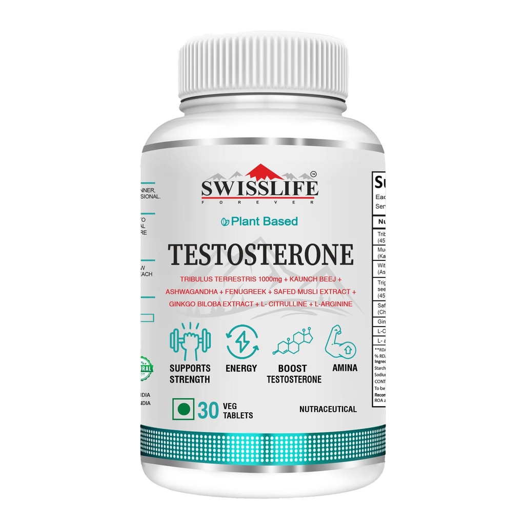 Swisslife Forever Testosterone Supplement for Men | Tribulus 1000mg, Ashwagandha, L-Arginine, L-Citrulline, Kaunch Beej | Natural Energy, Strength, Stamina & Performance Support | 30 Tablets | Plant-Based Formula
