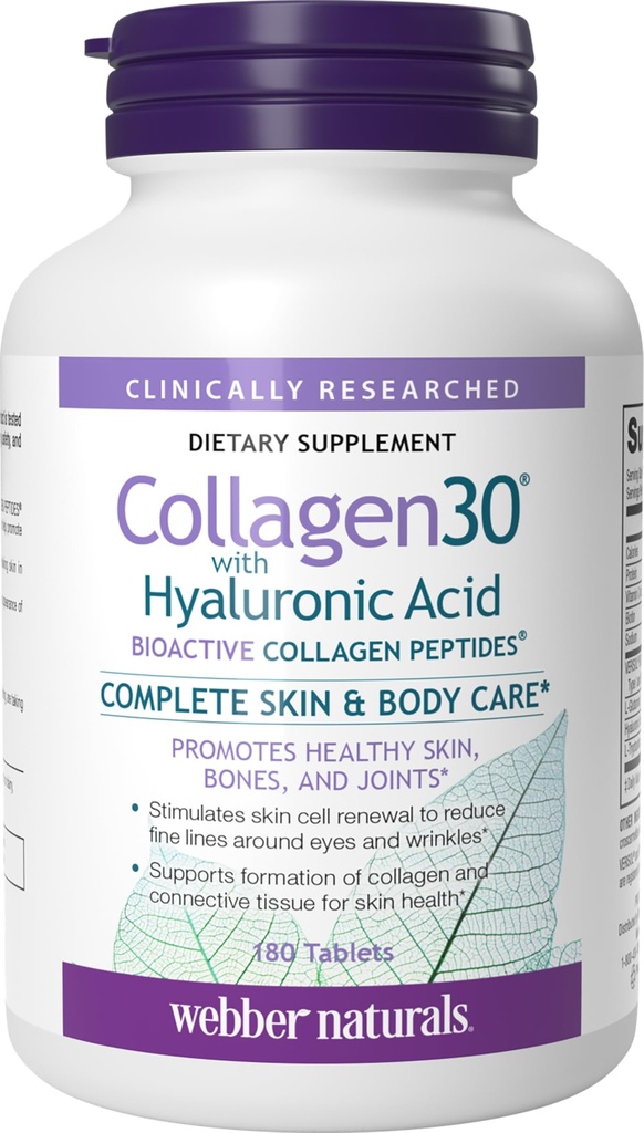 Webber Naturals Collagen30 mit Hyaluronsäure, Bioactive Collagen Peptides, 180 Tabletten, hilft, Augenfalten und feine Gesichtslinie zu reduzieren, GMO