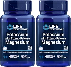 Lebensverlängerung 99mg Kalium mit Extend-Release Magnesium 250mg, 100 Veg Caps (Pack von 2) - Glutenfrei – Non-GMO – Vegetarische Ergänzung für Männer und Frauen - Dual-Action Mineral Formula