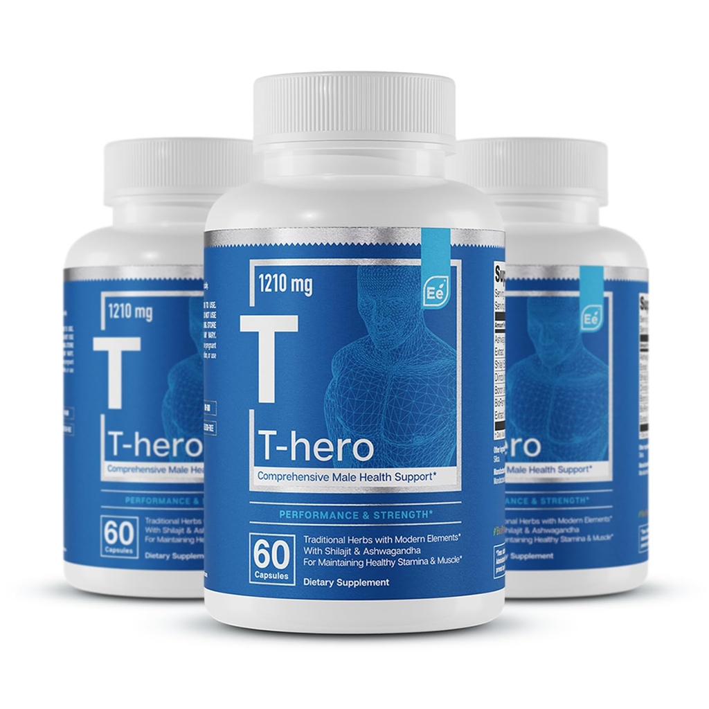 Essential Elements Male Health Supplement - Muskelunterstützung & T-Gesundheit mit DIM, Ashwagandha, Shilajit, Mehr | T-Hero 60 Vegan Kapseln (3-Pack)