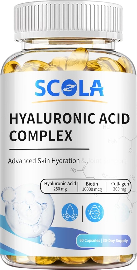 SCOLA Capsules d'acide hyaluronique - 250mg HA + 10 000mcg Biotine, 60 Capsules de végétalien