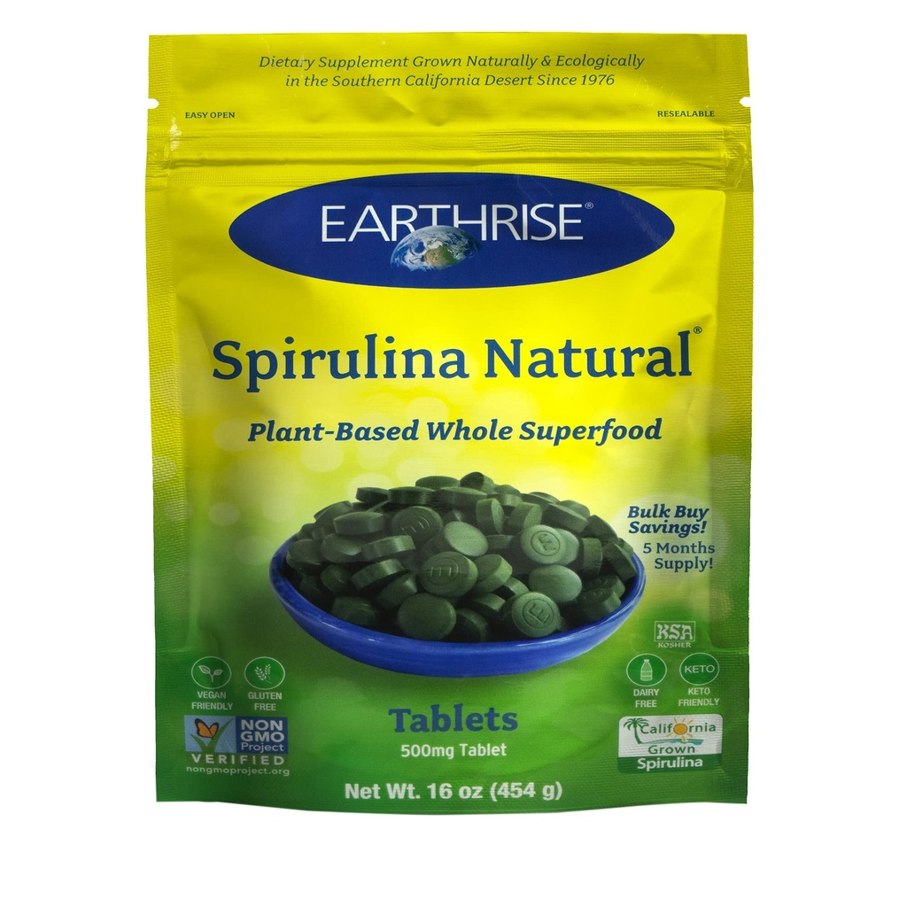 Earthrise Spirulina, Pure Californian Spirulina 500 mg, Vegan, Glutenfrei, Keto Friendly, Non -GMO Super Food hoch in Vitaminen & Minerals., 1 LB Tabletten (150 Servieren)