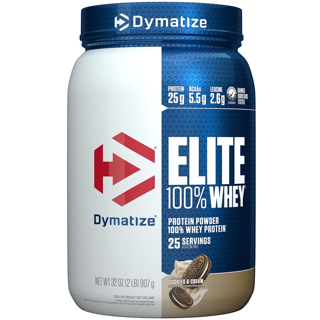 Dymatize Elite 100% Whey Protéine poudre, biscuits et crème, 25g de protéines, 5,5g BCAA, moins de 140cal., sans gluten, 3g de glucides, 2g de sucre, 3g de gras (25 portions)