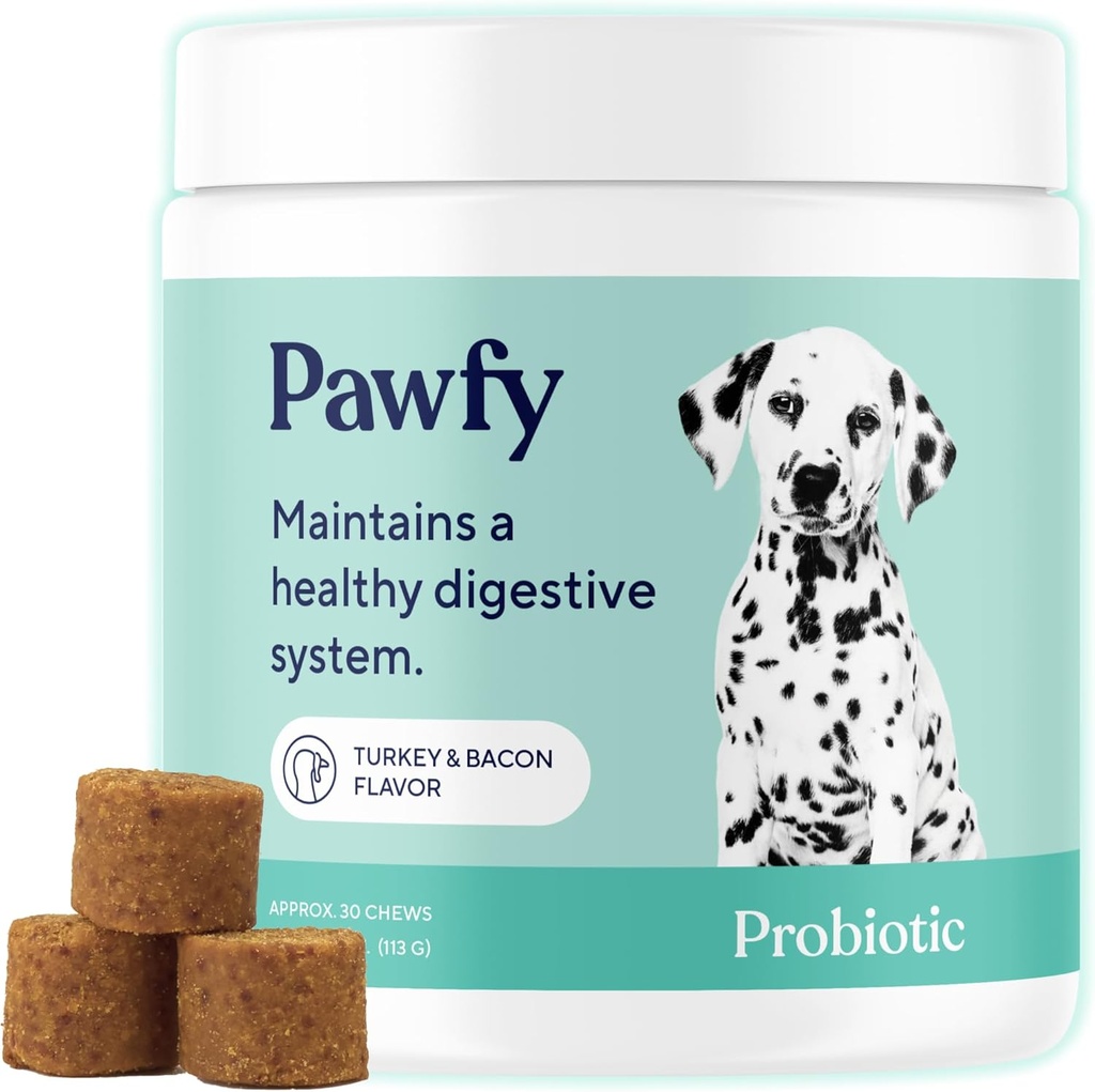 Pawfy Probiotics for Dogs | Unterstützt Verdauungs-Gesundheit, Durchfall für kleine, große Hunde | verbessert die Gesundheit von Gut | Anti-Just-Ergänzungen | Hautgesundheit Saisonale Allergien Unterstützung - 30 Chews (Bacon)
