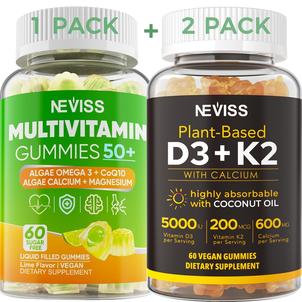NEVISS 50+ Gummy Multivitamine quotidienne Algae Omega 3 & Calcium, CoQ10, Magnésium + Vitamine D3 5000IU Gommies 125mcg avec Calcium 600mg, K2(MK7) 200mcg
