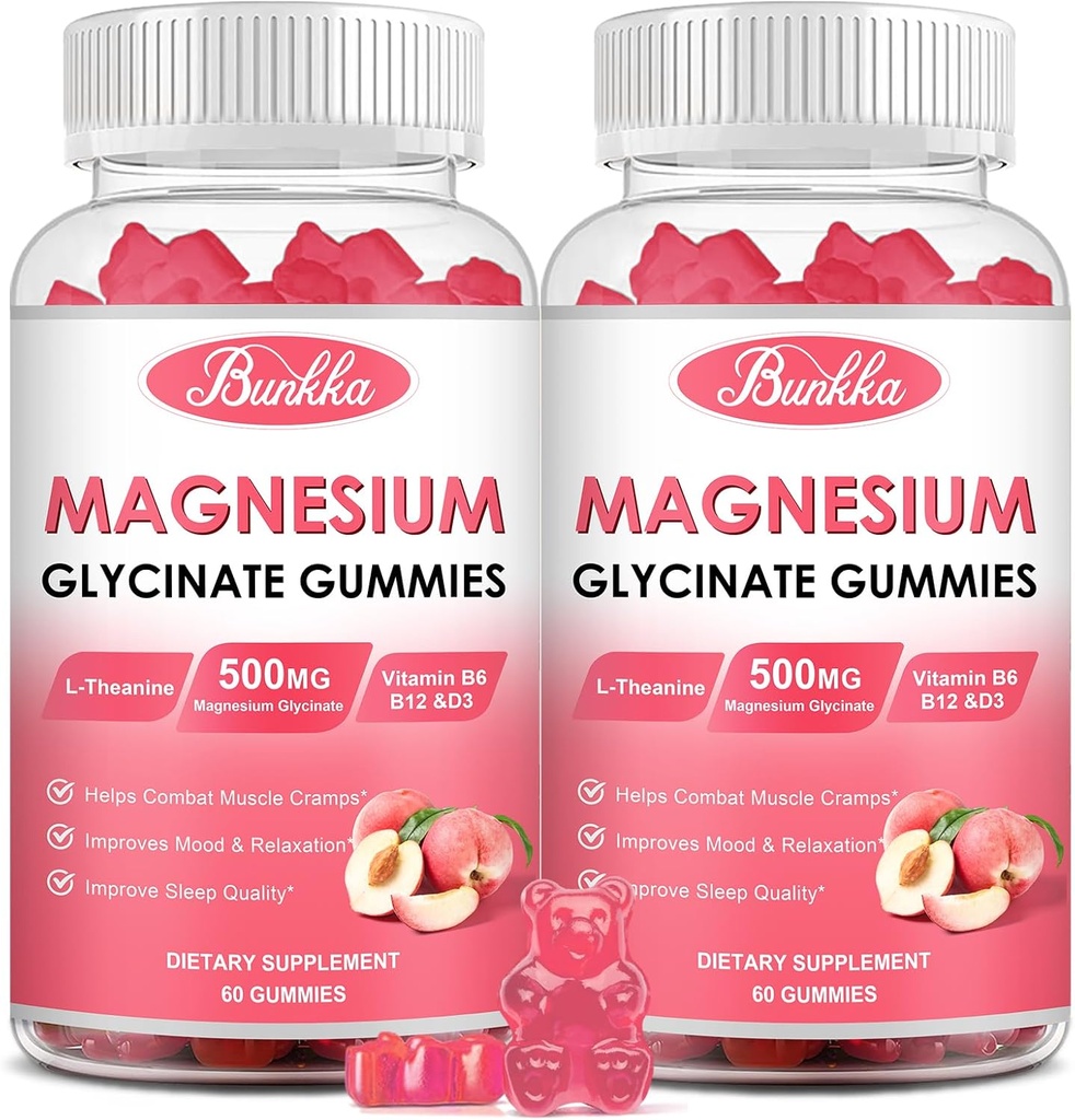 (2 Pack) Magnesium Glycinate Gummies-Magnesium Glycinate 500mg, Magnesium Complex Supplement mit Kalium, VitaminD, B6 für Kalm, Sleep&Stress Relief-Sugar Free, 120 Peach Magnesium Gummies