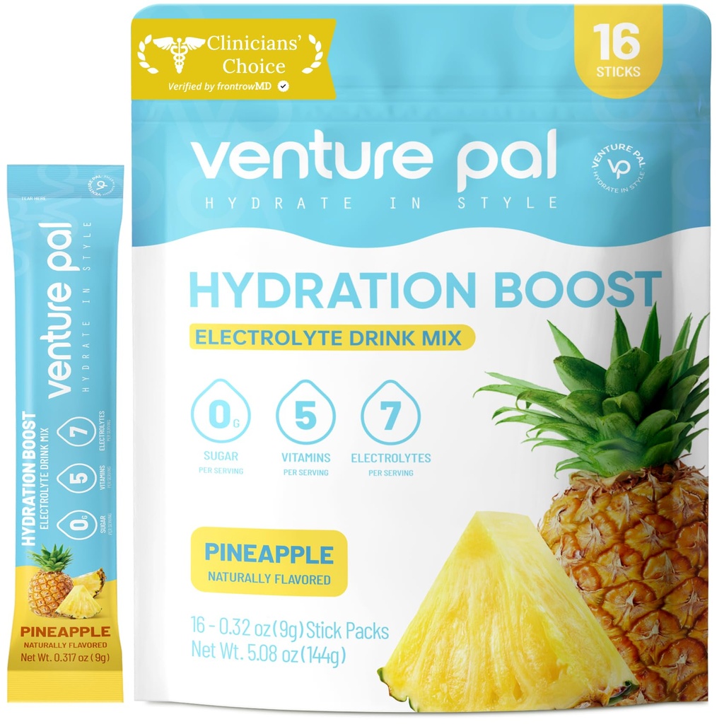 Venture Pal Sugar Free Electrolyte Powder Packets - Liquid Daily IV Drink Mix for Rapid Hydration & Party Recovery | 5 Vitamine & 7 Elektrolyte| Keto Friendly | Non-GMO | Certified Vegan | 16 Sticks