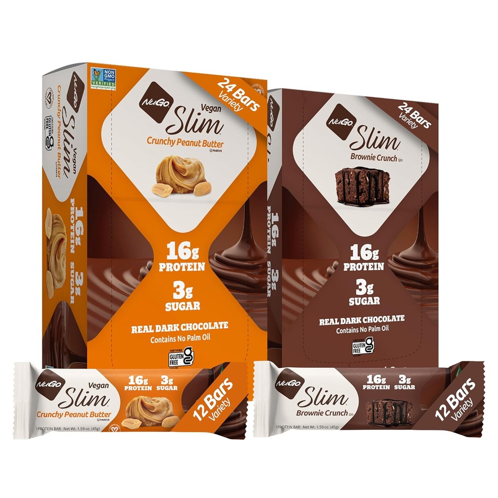 NuGo Slim 24ct Variety - Crunchy Peanut Butter 12 Bars & Brownie Crunch 12 Bars, 16g Protein, Keto Friendly, Glutenfrei, 24 Anzahl