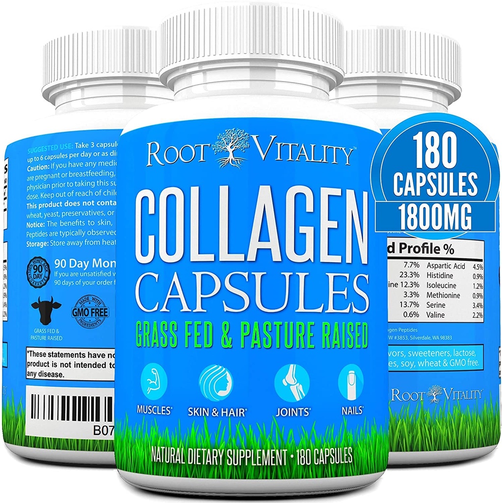 Root Vitality Collagen Peptide Kapseln - Grass-Fed, Weide-Raised Hydrolyzed Protein Supplement für Haut, Haar, & Nails - Non-GMO, Zero Sugar Daily Pills for Men & Women (180 Kapseln)