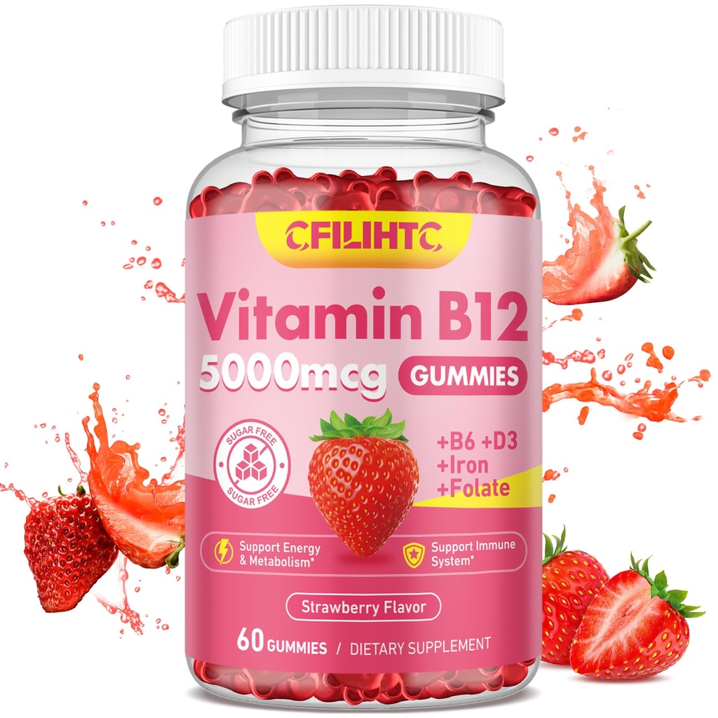 Vitamine B12 Gummies pour les femmes et les hommes, 5000mcg Méthyl B12 Gummies avec vitamine B6, D3, Fer, Folate pour les adultes, soutient l'énergie et le métabolisme, l'humeur, système immunitaire et nerveux, fraise sans sucre