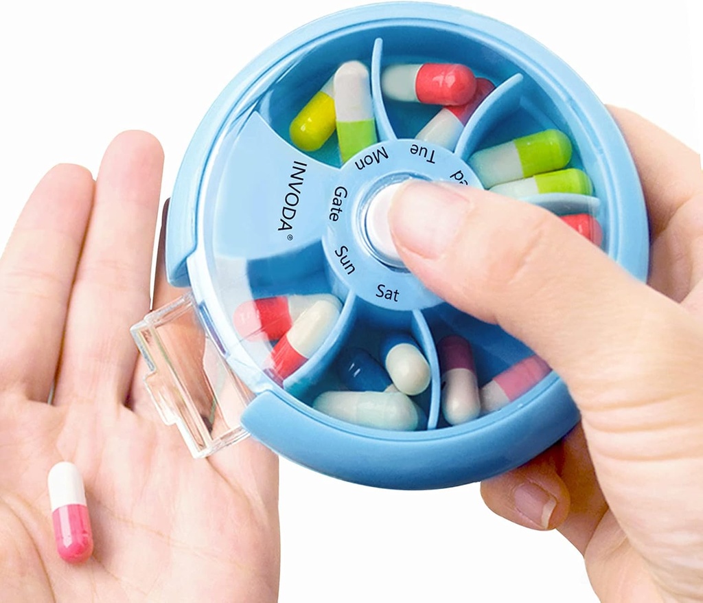 INVODA Wöchentliche Pille Organizer 7 Kompartment rotierende Pille Box für tägliche Medikamente & Vitamine - Tragbare Reise Pille Fall Fischöl ergänzt Vitamine Organizer (Sky Blue)
