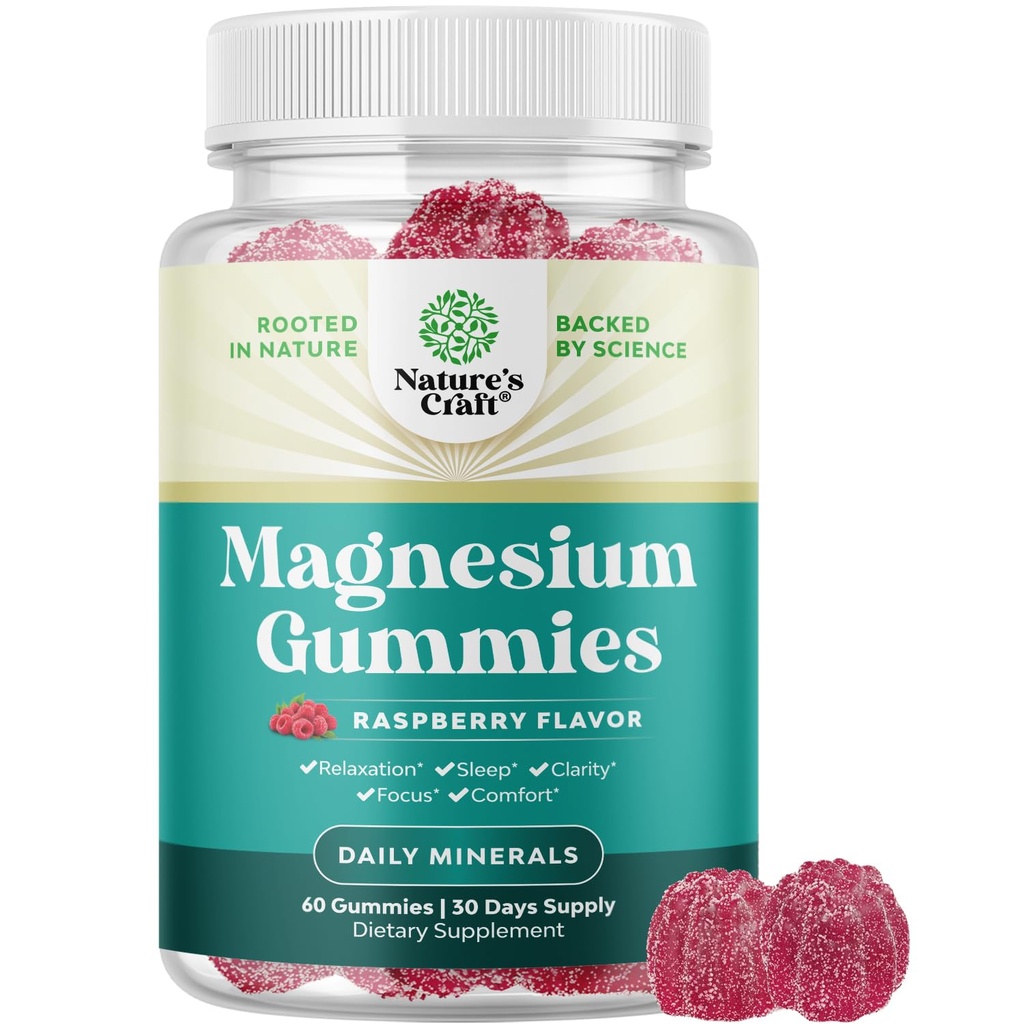 Gommies de magnésium extra-forte pour adultes - Gommies de citrate de magnésium relaxantes avec Mag élémentaire - Aide au sommeil Soft Chews Aromatisé aux framboises - Relaxation du corps et de l'esprit - 60 Comte