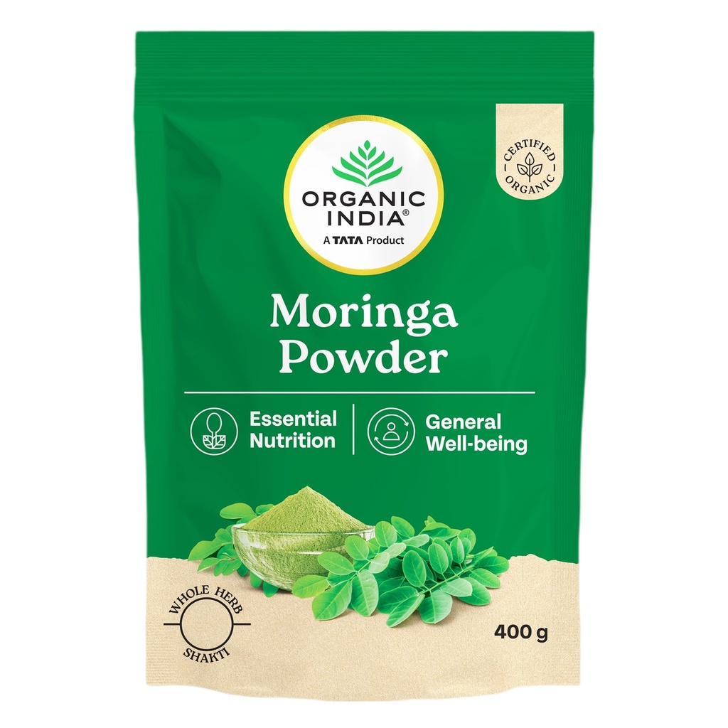 A TATA Product – Organic India Moringa Powder, 400g, Certified Organic, Rich in Essential Vitamins & Minerals, Whole Herb Nutrition for General Well-being