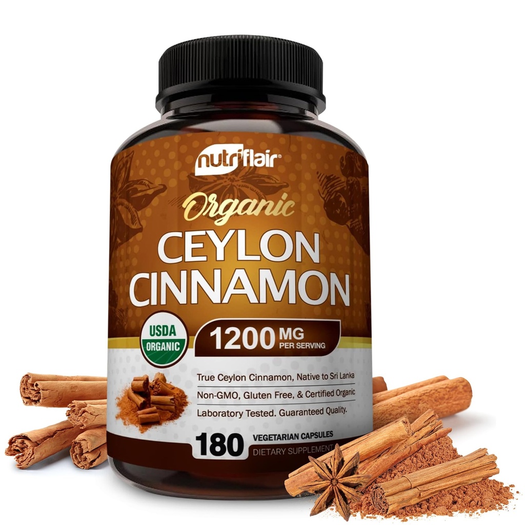 NutriFlair Organic Ceylon Cinnamon (100% Certified Organic Ceylon Cinnamon) 1200mg pro Servierung, 180 Kapseln - Gelenke, Entzündungshemmend, Antioxidans