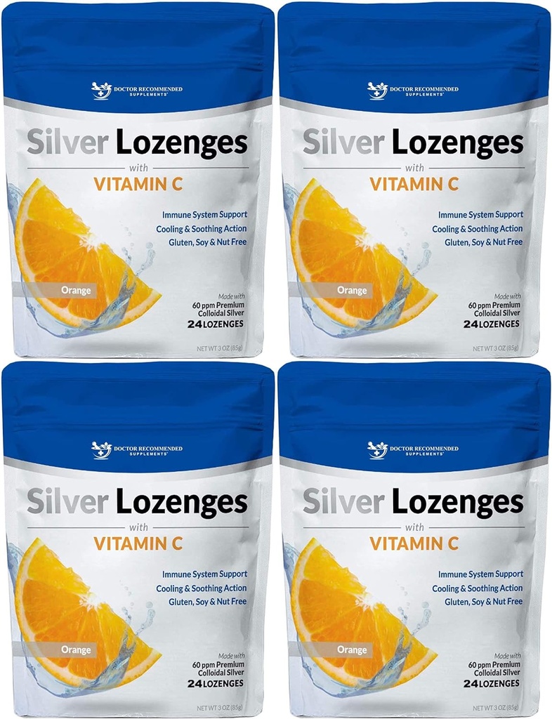 Silber Lozenges mit Vitamin C - Premium Nano Silver 60 PPM Kolloidal Silber, Bio Honig und Vitamin C Mineral Supplement Tropfen zur Unterstützung Immunsystem, Soothe Cough & Throat - Paket von 4