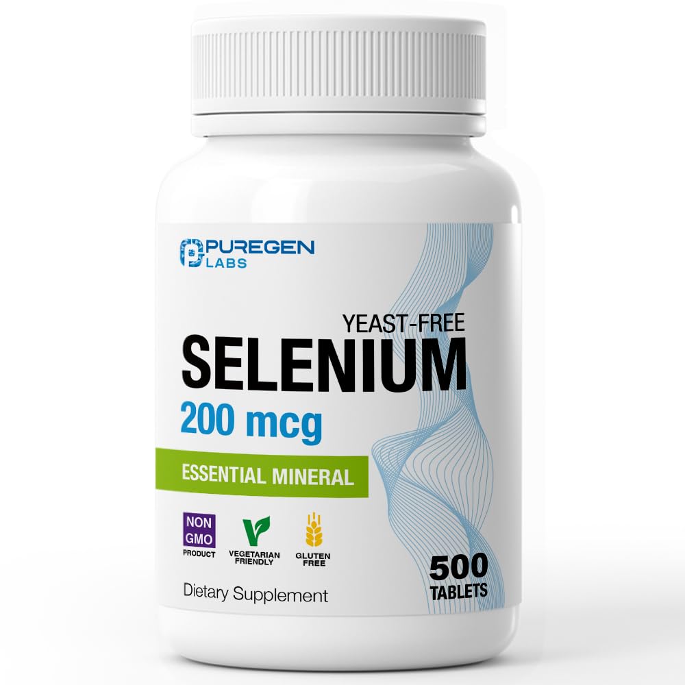 Puregen Labs Sélénium 200 mcg Levure Sans Minéral Essentiel - 500 comprimés végétariens.