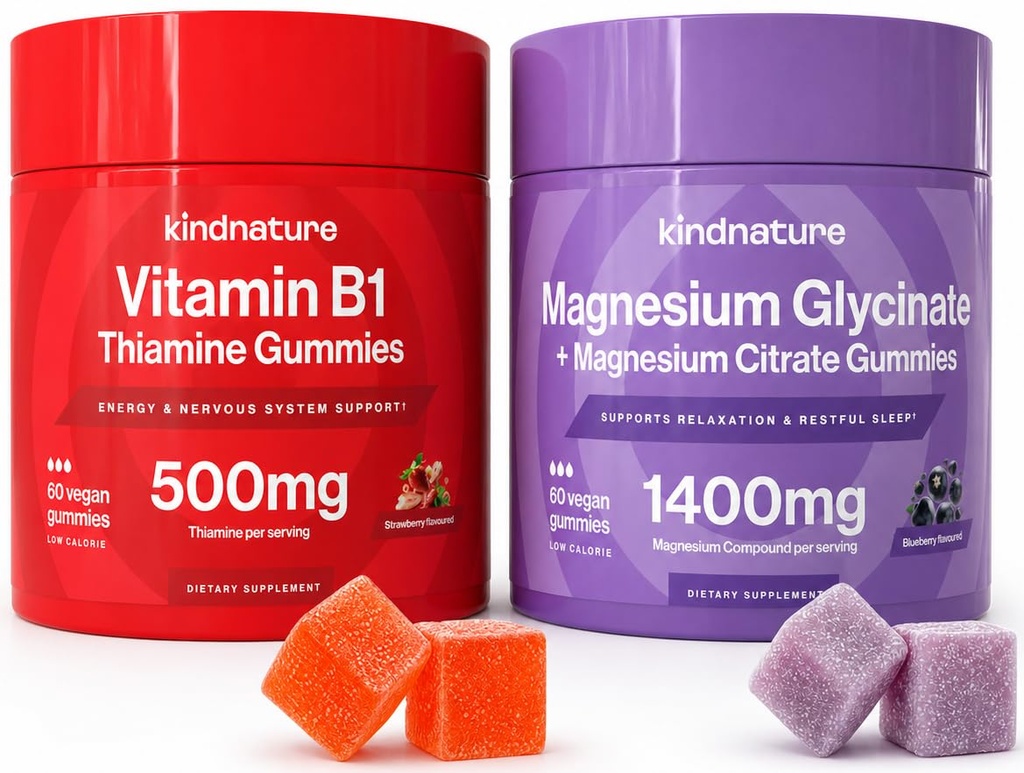 KINDNATURE Power Duo: Magnésium et vitamine B1 Gommies Bundle – Amélioration de l'énergie et du soutien nerveux, délicieux et à croquer