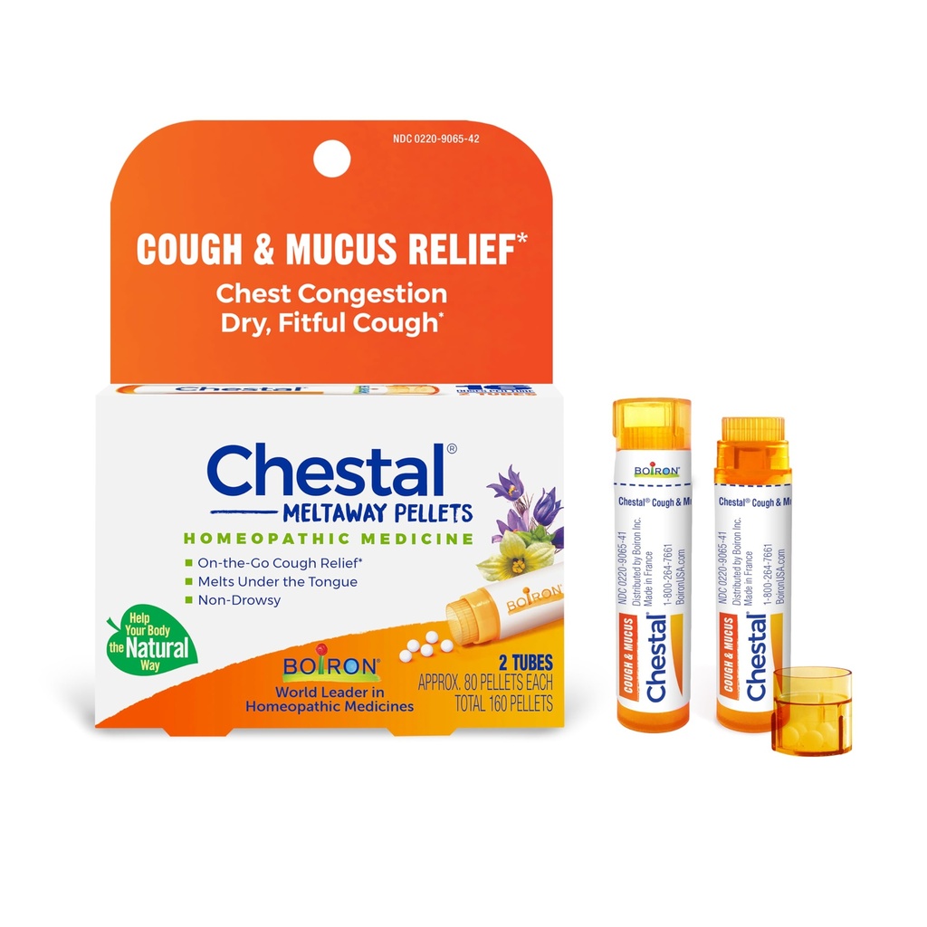 Pellets de poitrine de Boiron pour le soulagement de la toux et du mucus, la congestion de la poitrine ou du nasal, et le soulagement de la gorge douloureuse - 2 Comte (160 Pellets)