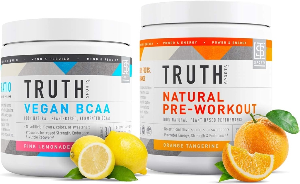 Truth Nutrition Natural Athlète Workout Stack - Vegan BCAA (Pink Lemonade) + Pré-entraînement naturel (Orange Tangerine)