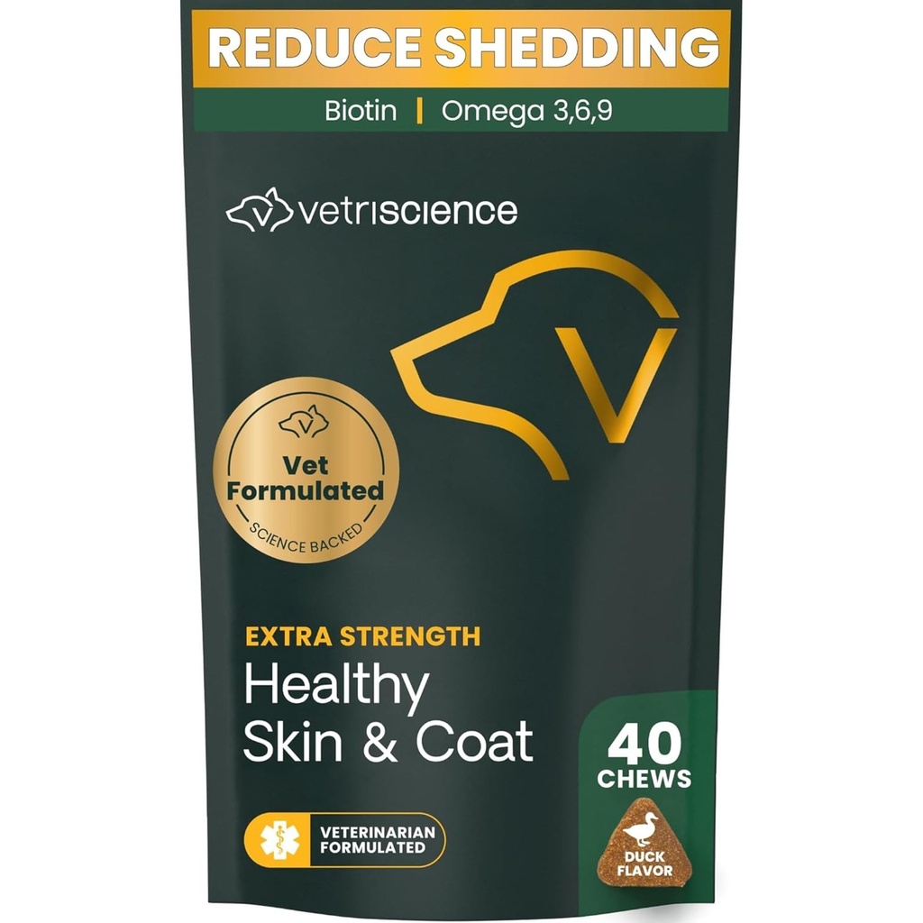 VetriScience Extra Strength Healthy Skin & Coat Chews, supplément Omega Plus pour chiens, avec Omega 3, 6, 9, huile de poisson et biotine équilibrée, santé de la peau, croissance et brillance du manteau, canard, 40 comte