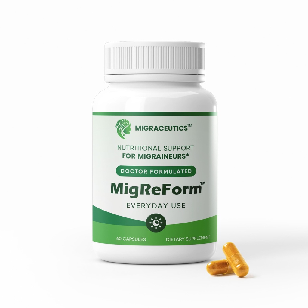 Bouteille MigReForm de 60 - Suppléments de soulagement de la migraine formulés par le médecin - Support de soulagement de la migraine naturelle avec Magnésium, Vitamine B2 & CoQ10 - Supplément de migraine pour les femmes et les hommes - Vitamines de migraine