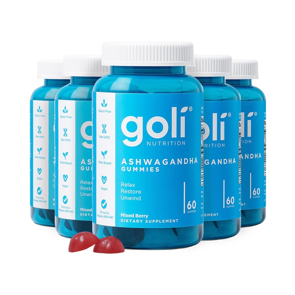 Goli Ashwagandha & Vitamine D Gummy - 300 Compte - Berry mixte, KSM-66, végétalien, à base de plantes, non-OGM, sans gluten et sans gélatine. Restaurer. Détendez-vous, paquet de 5
