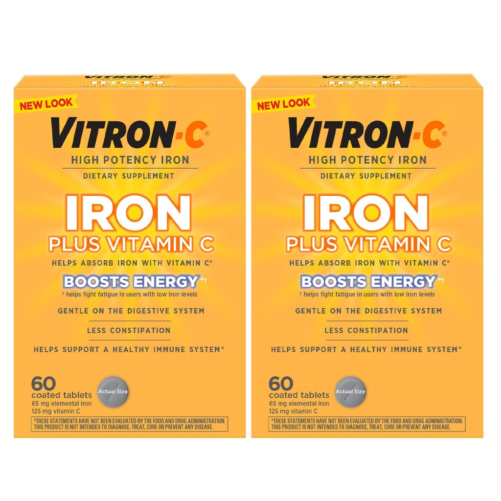 Supplément de fer Vitron-C, une fois par jour, fer à haute puissance plus vitamine C, soutien de la production de globules rouges, comprimés sans colorant, 60 Compte, 2 Pack