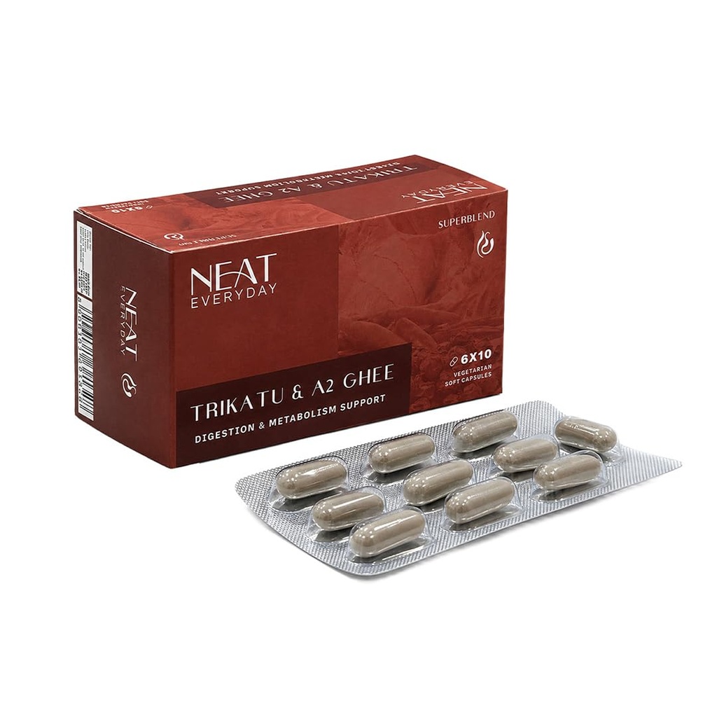 NEAT EVERYDAY Trikatu & A2 Ghee Capsules | Digestion & Metabolism Support | Vegetarian Soft Capsules | Ayurvedic Herbal Supplement | 60 Capsules