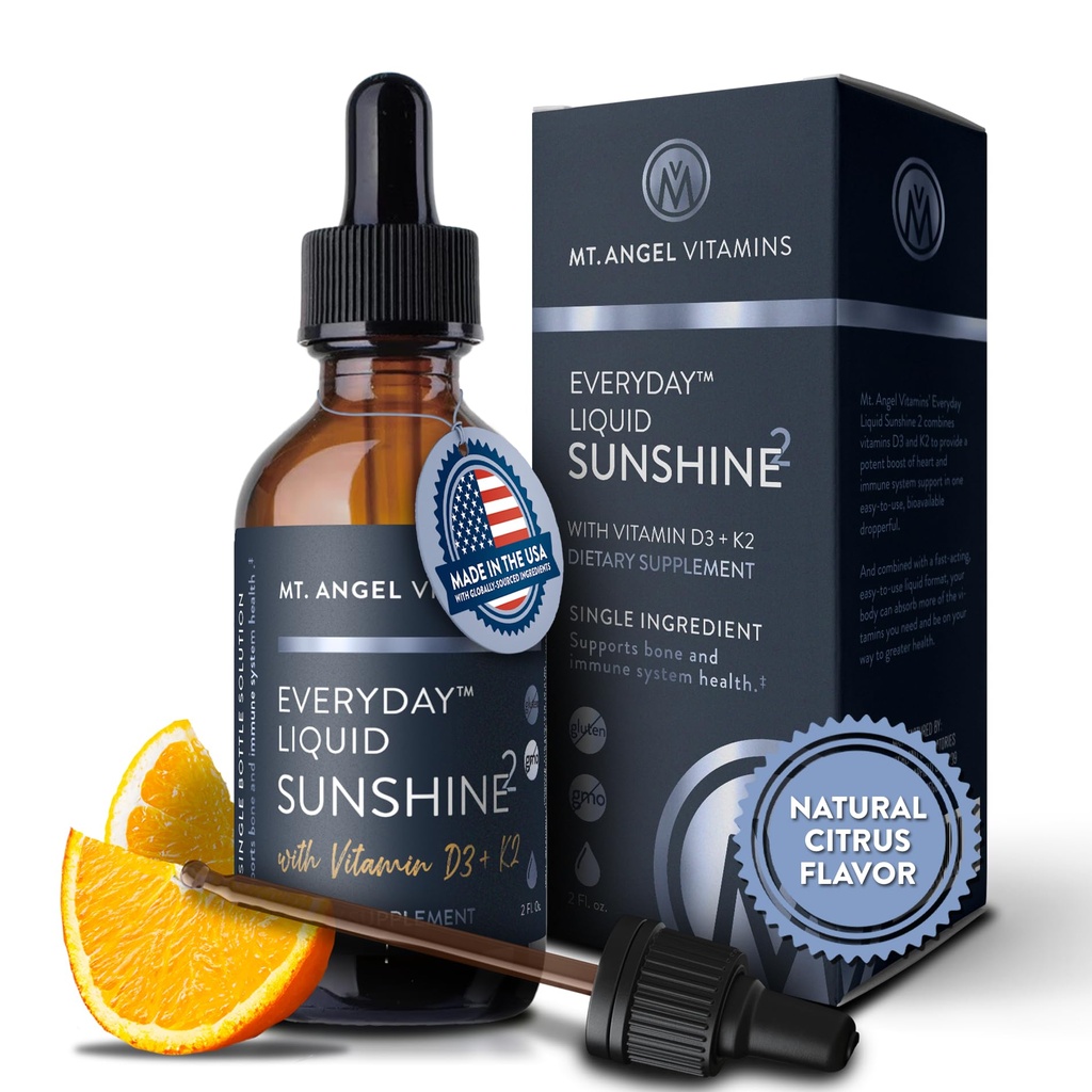Mt. Vitamines Angel - Vitamine végétale D3 & K2 Supplément liquide - 5000 UI D3, Trans MK7 K2 - Sans gluten, non-OGM - Parfait pour les adultes et les enfants - Votre dose quotidienne de Sunshine