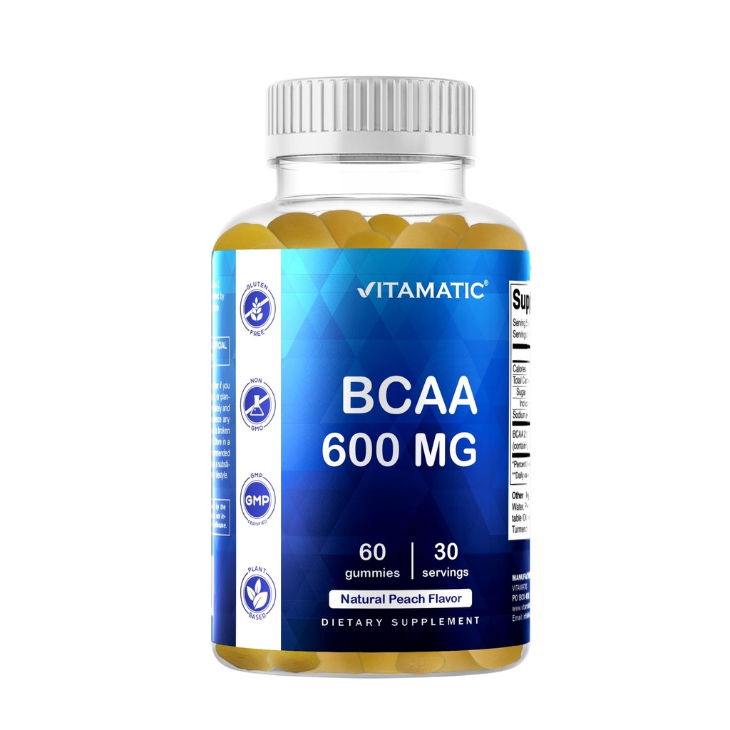 Vitamatic BCAA Gummis - Branch Chain Amino Acid Supplements - Peach Flavor - 600mg pro Servierung - 60 Vegan Pectin Based Gummies (1 Flasche)