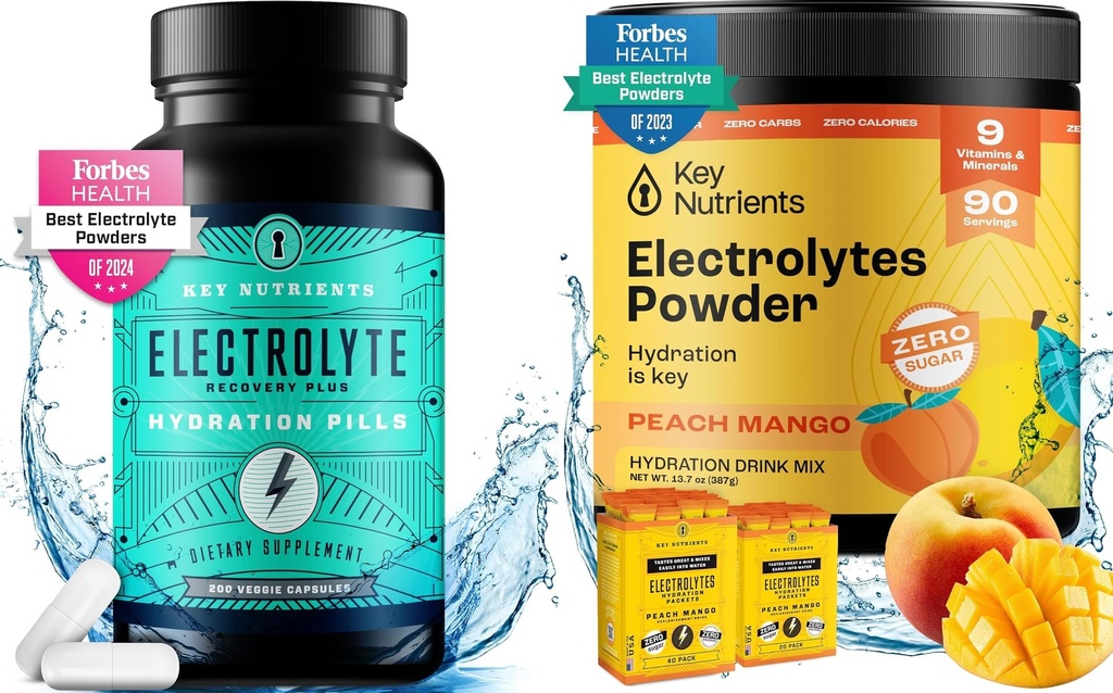 NUTRIENTS CLÉS Hydratation et énergie Mélange d'électrolytes – Comprimés d'électrolytes et poudre de multivitamine de mangue de pêche tropicale, sans sucre