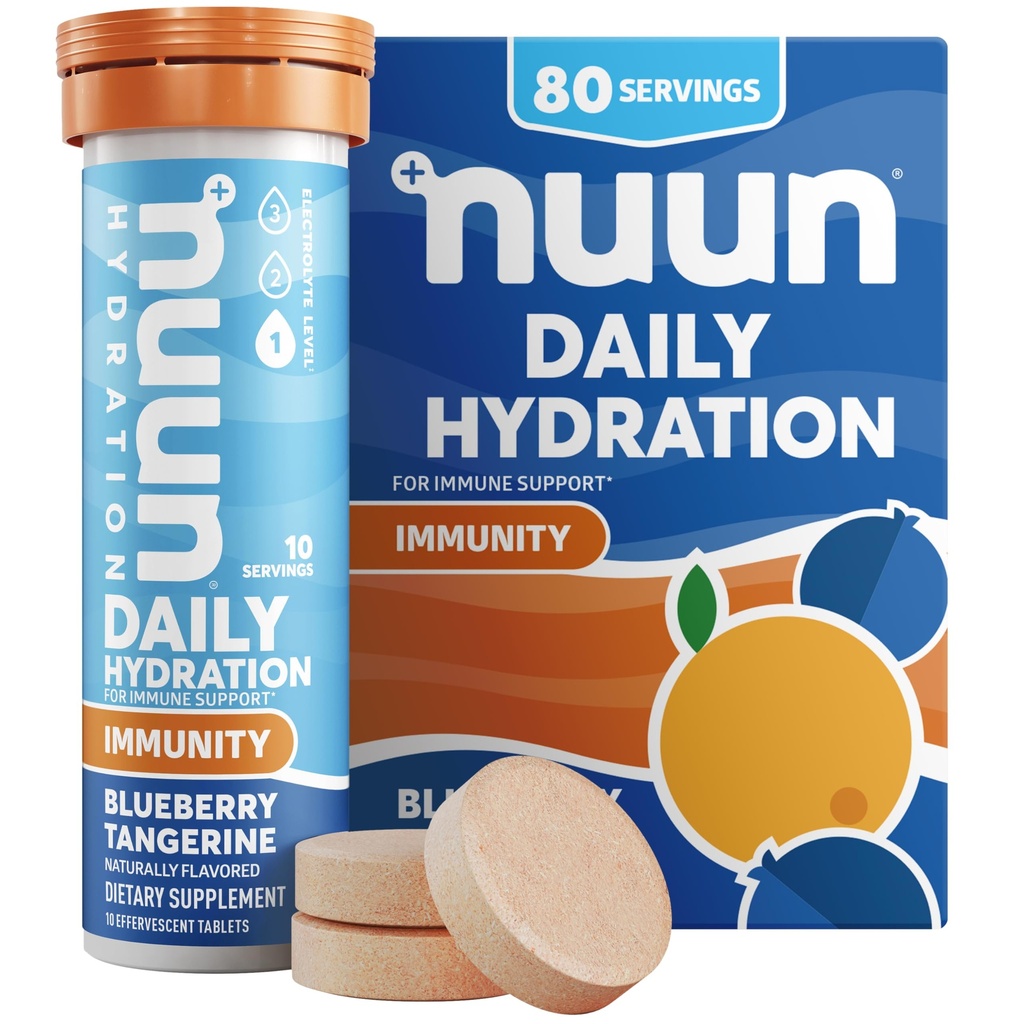 Nuun Immunity Electrolyte Comprimés avec vitamine D, C, E, & A, Ginger, Elderberry, Magnésium et 4 autres électrolytes essentiels, Vegan, Blueberry Tangerine, 8 Pack (80 portions Total)