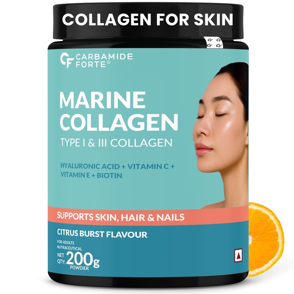Carbamide Forte Marine Collagen Powder For Women & Men | Skin Care supplemets | Marine Collagen Powder Supplements In Citrus Burst Flavour - 200g