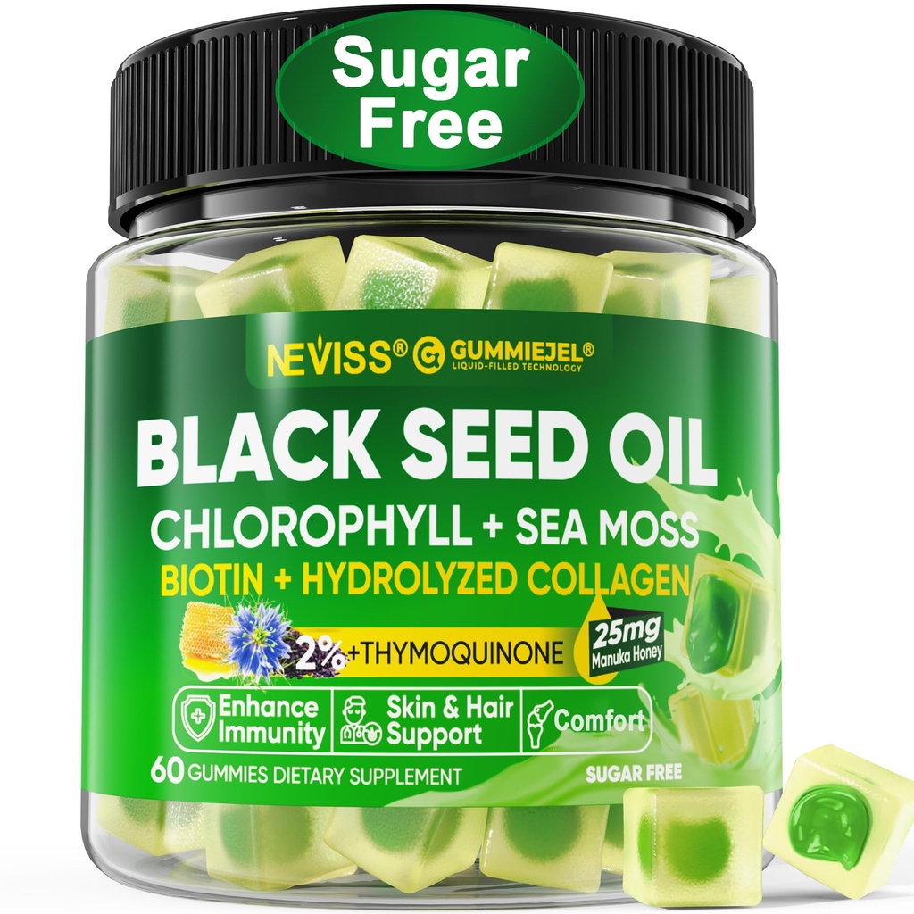 Black Seed Oil Gummies for Adults & Kids 9+, Chlorophyll & Sea Moss Supplement, Biotin with Hydrolyzed Collagen for Skin, Hair & Nails, Vit E, C, Zinc for Immune, Overall Health, Organic Cold Pressed